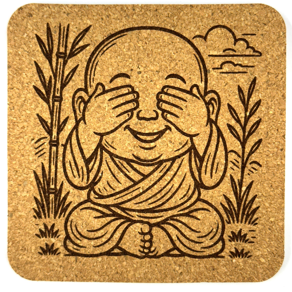 See No Evil Baby Buddha Cork Coaster – Zen Inspired Design