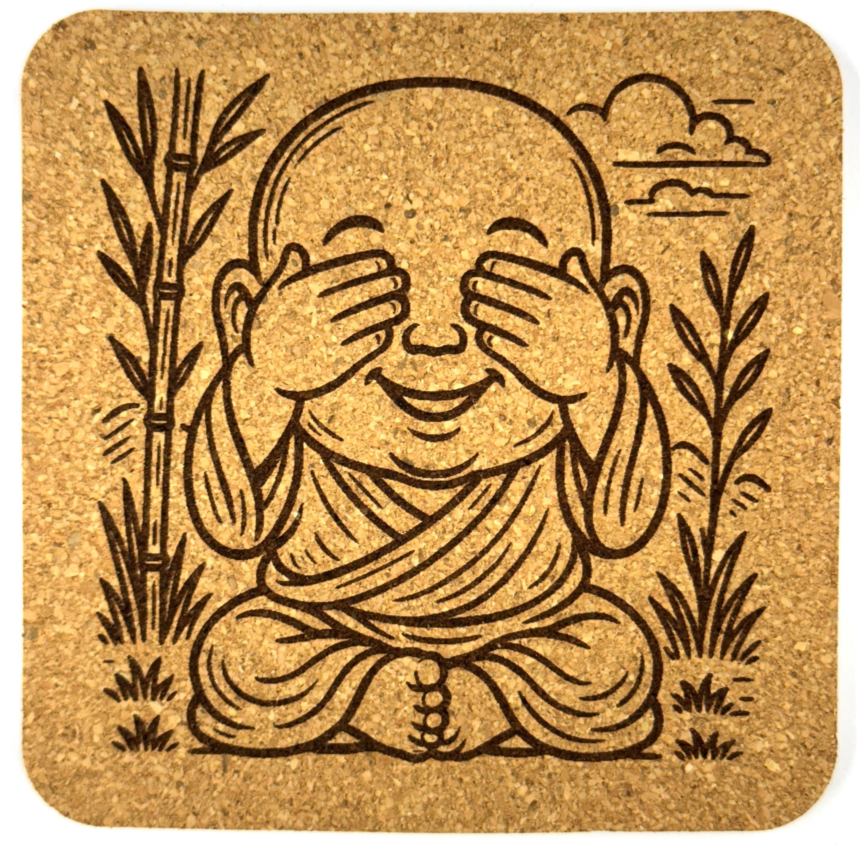 See No Evil Baby Buddha Cork Coaster – Zen Inspired Design