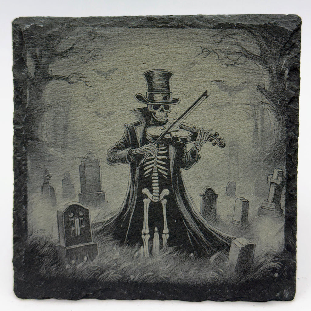 Skeleton Violinist in the Graveyard – Laser Engraved Slate Coaster