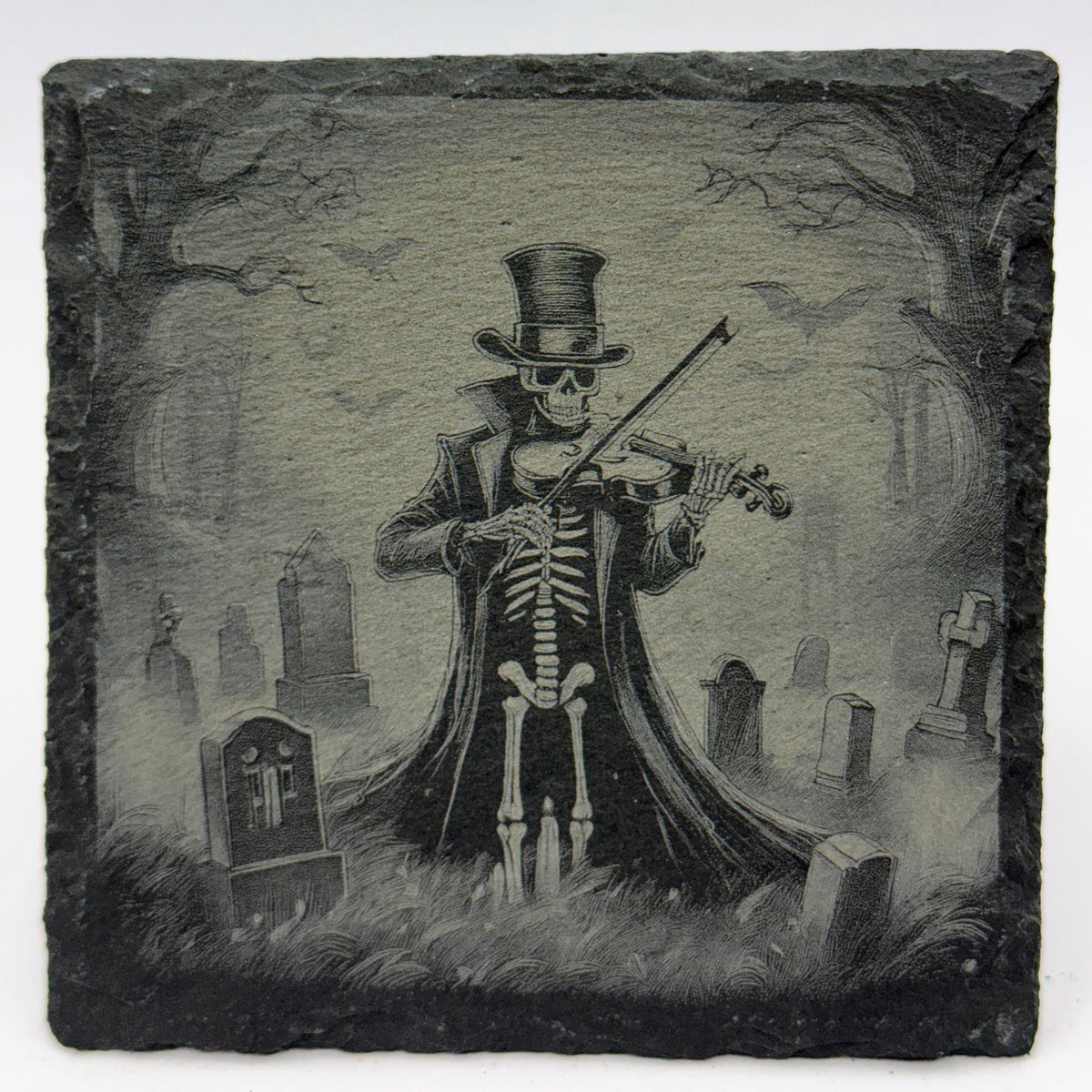 Skeleton Violinist in the Graveyard – Laser Engraved Slate Coaster