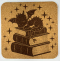 Cozy Dragon Reading on Stacked Books – Whimsical Cork Coaster