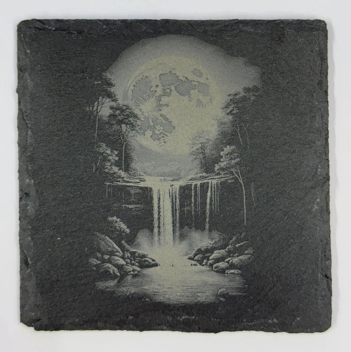Moonlit Waterfall – Night Forest Laser Engraved Slate Coaster