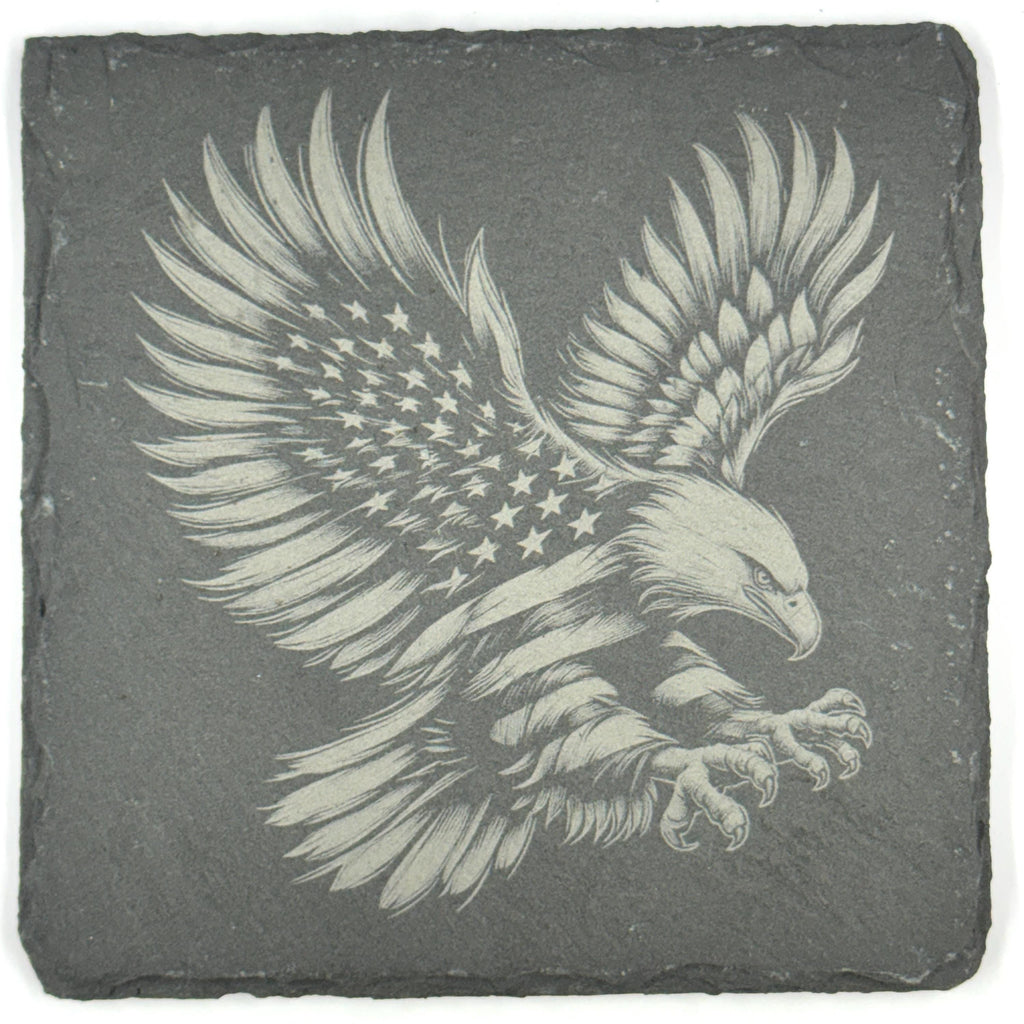 American Eagle Talons Out Laser Engraved Slate Coaster – Patriotic Flag Design