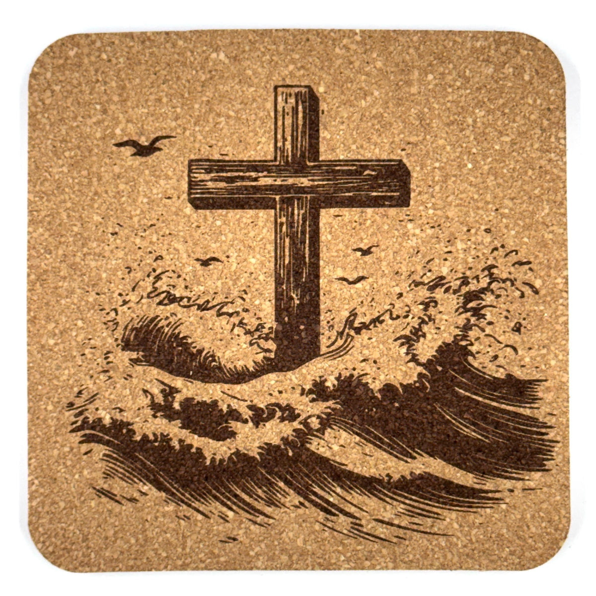 Ocean Waves Cross Laser Engraved Cork Coaster