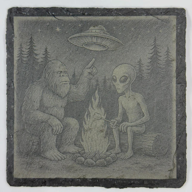 Bigfoot and Alien Campfire – Pacific Northwest Slate Coaster