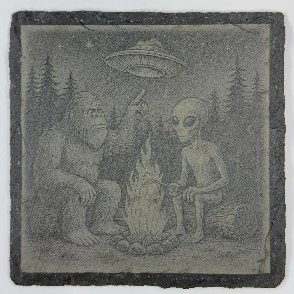 Bigfoot and Alien Campfire – Pacific Northwest Slate Coaster
