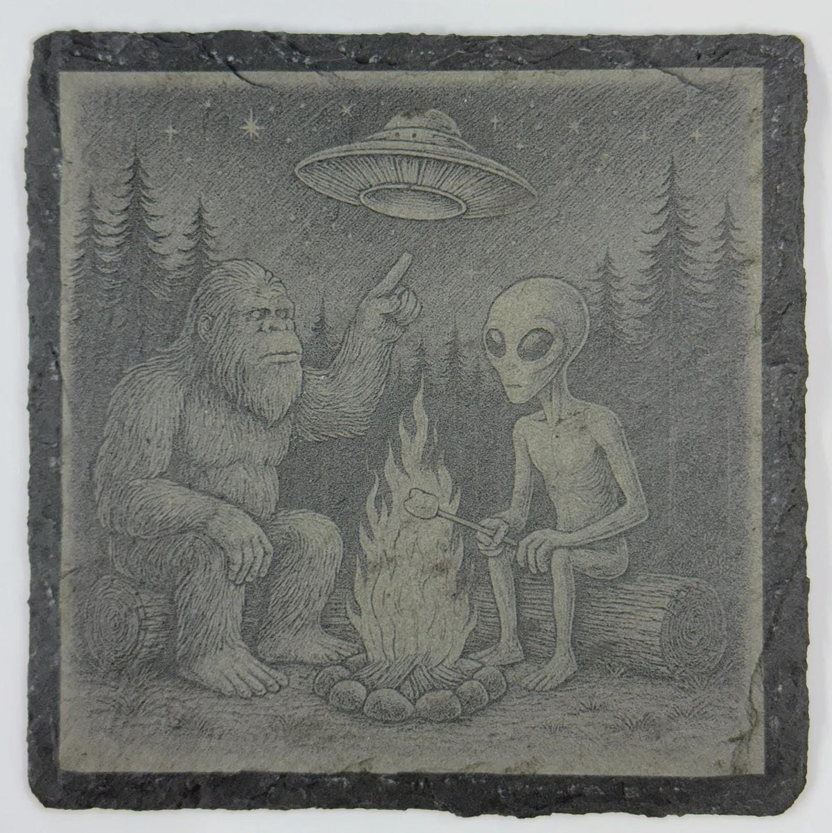 Bigfoot and Alien Campfire – Pacific Northwest Slate Coaster