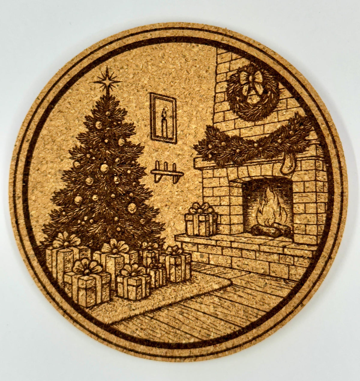 Christmas Living Room Cork Coaster – Tree and Fireplace Scene