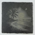 Moonlit Tropical Beach Slate Coaster – Palm Tree Ocean Night Engraved Stone Coaster