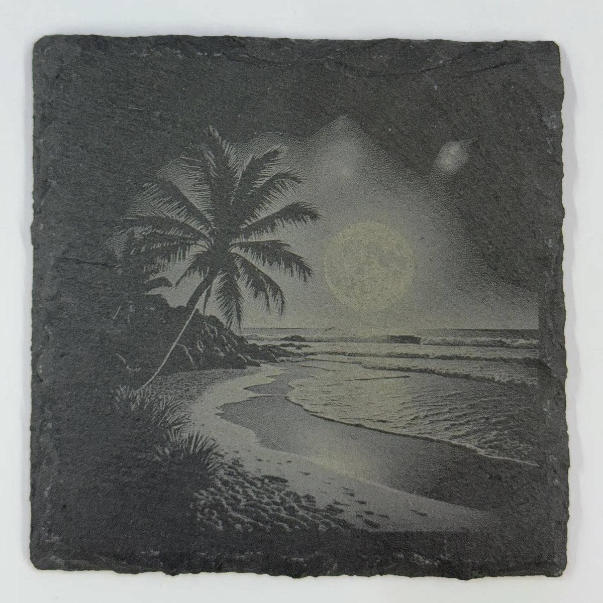 Moonlit Tropical Beach Slate Coaster – Palm Tree Ocean Night Engraved Stone Coaster