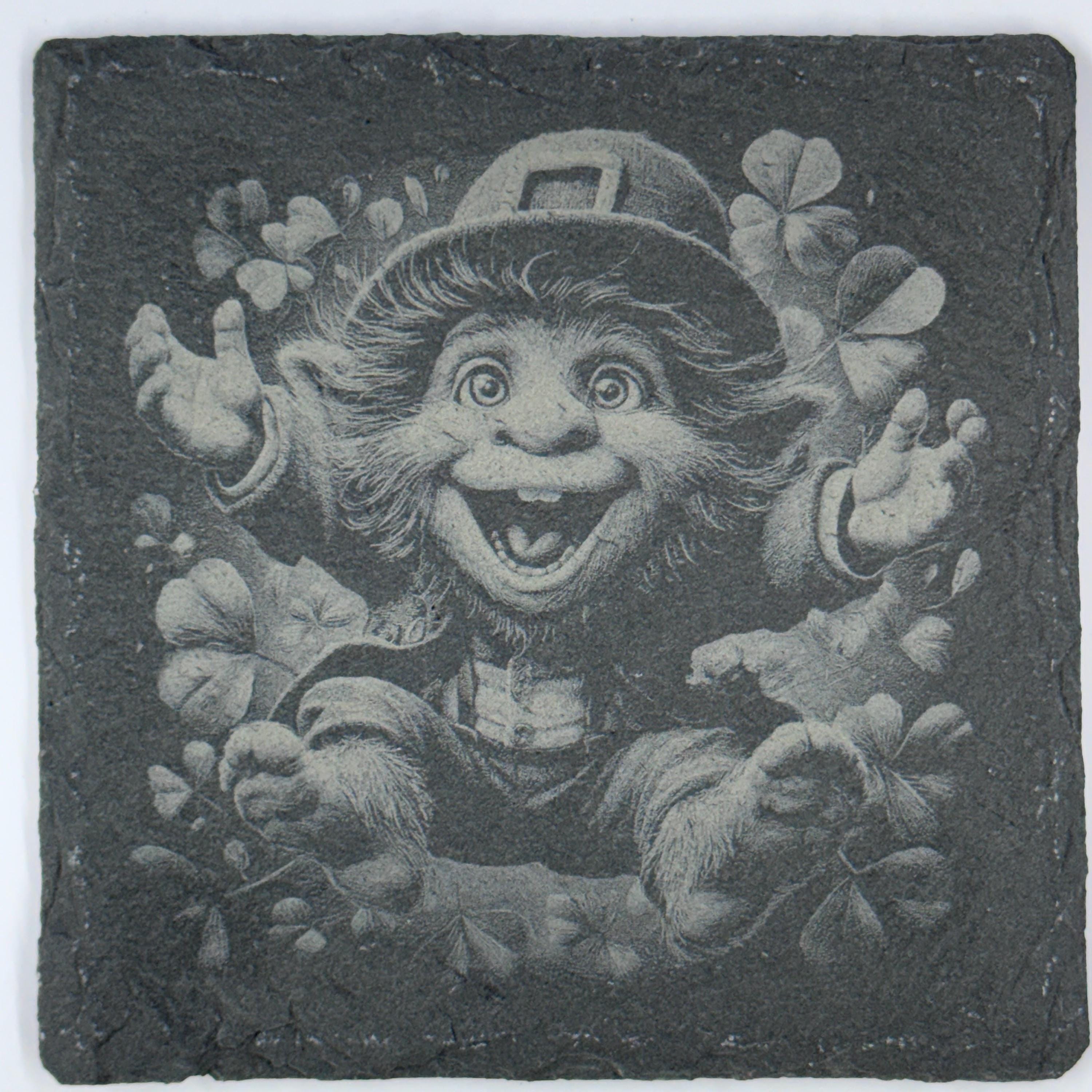 Smiling Leprechaun Slate Coaster with Shamrocks