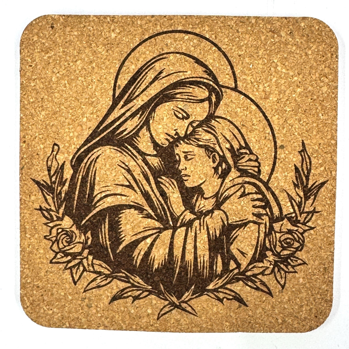 Virgin Mary Holding Child Coaster, Catholic Faith Engraved Cork Coaster