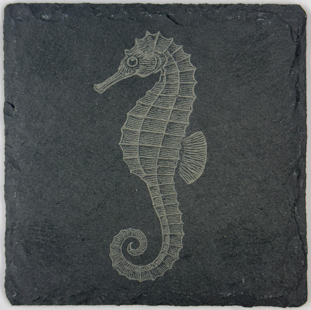 Whimsical Seahorse Slate Coaster – Coastal Ocean Engraved Stone