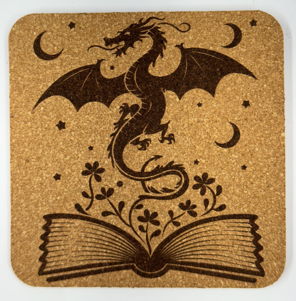 Elegant Dragon Emerging from an Open Book – Fantasy Cork Coaster