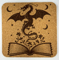 Elegant Dragon Emerging from an Open Book – Fantasy Cork Coaster