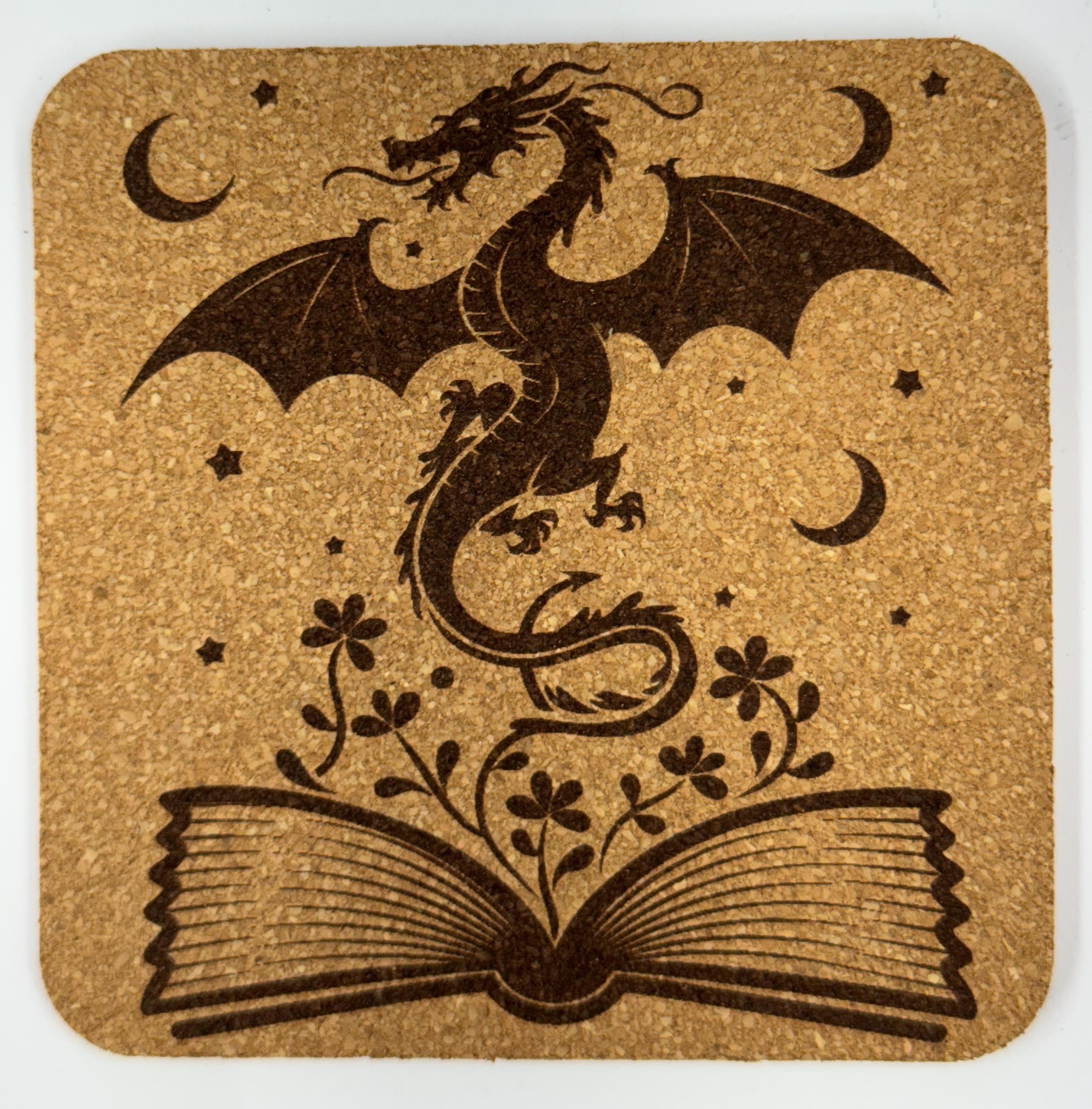 Elegant Dragon Emerging from an Open Book – Fantasy Cork Coaster