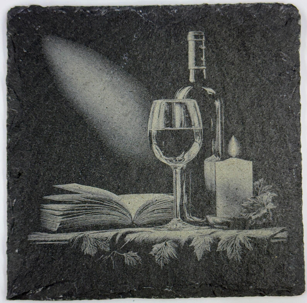 Wine Glass, Bottle & Candle with Book – Cozy Evening Slate Coaster