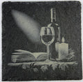 Wine Glass, Bottle & Candle with Book – Cozy Evening Slate Coaster