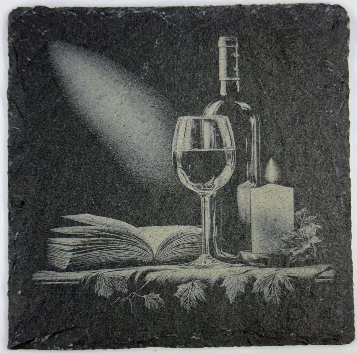 Wine Glass, Bottle & Candle with Book – Cozy Evening Slate Coaster