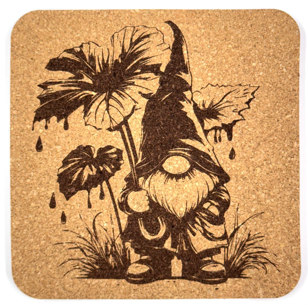 Rainy Day Garden Gnome with Leaf Umbrella – Cozy Cork Coaster