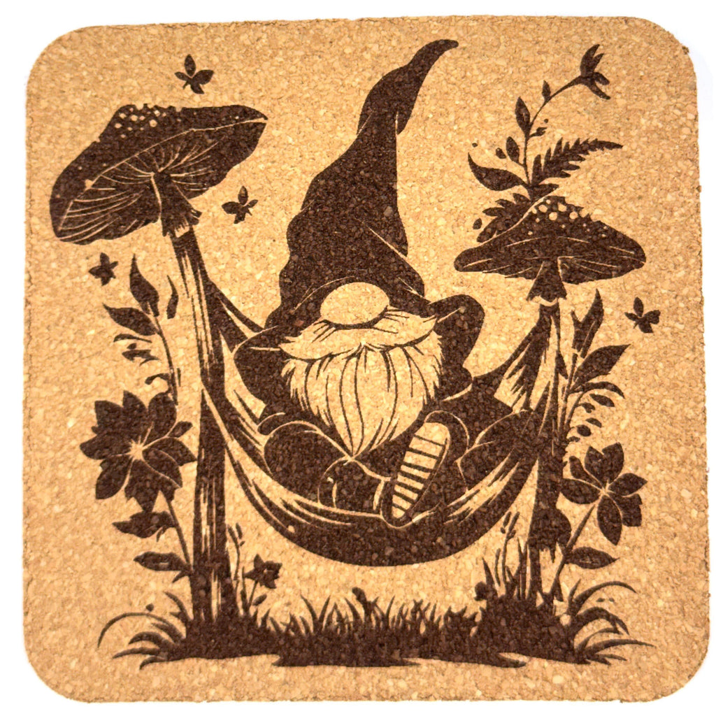 Relaxing Mushroom Gnome – Engraved Cork Coaster