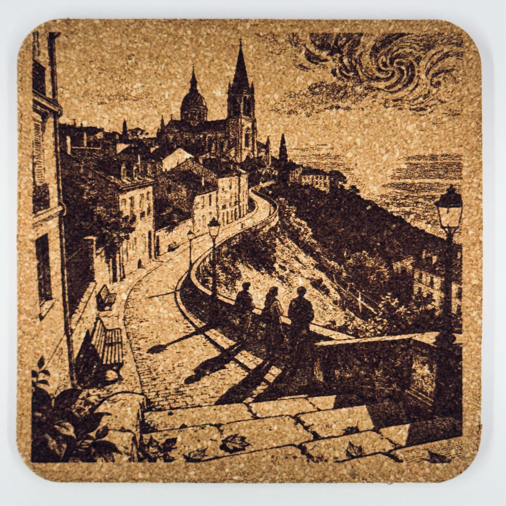European Coastal Hillside Cork Coaster – Old World Seaside Scene