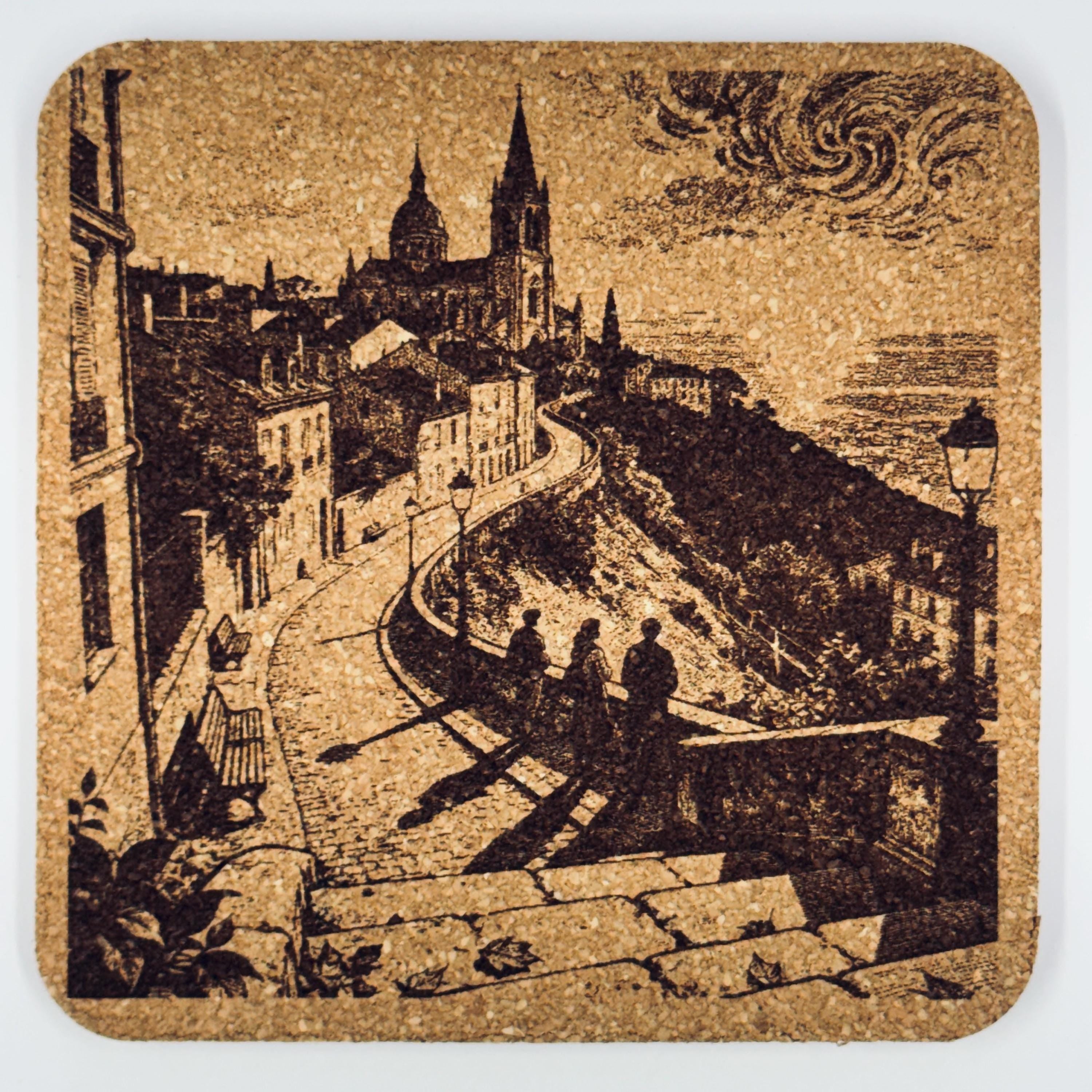 European Coastal Hillside Cork Coaster – Old World Seaside Scene
