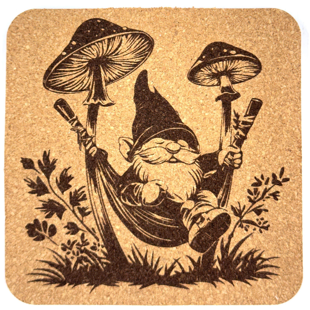 Relaxing Mushroom Gnome – Engraved Cork Coaster