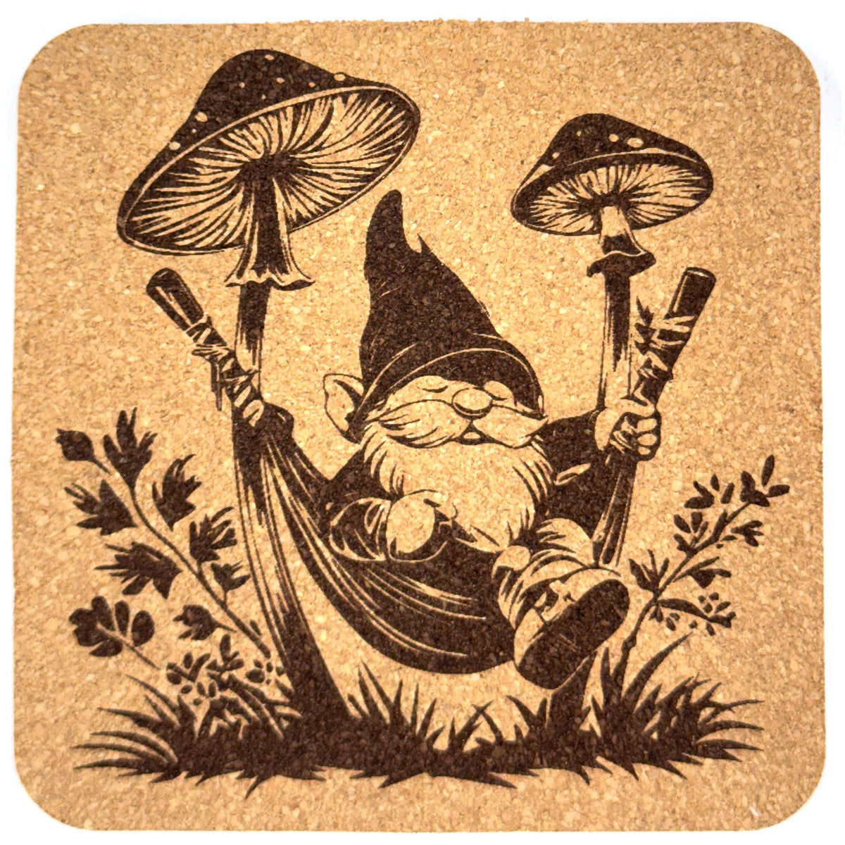 Relaxing Mushroom Gnome – Engraved Cork Coaster