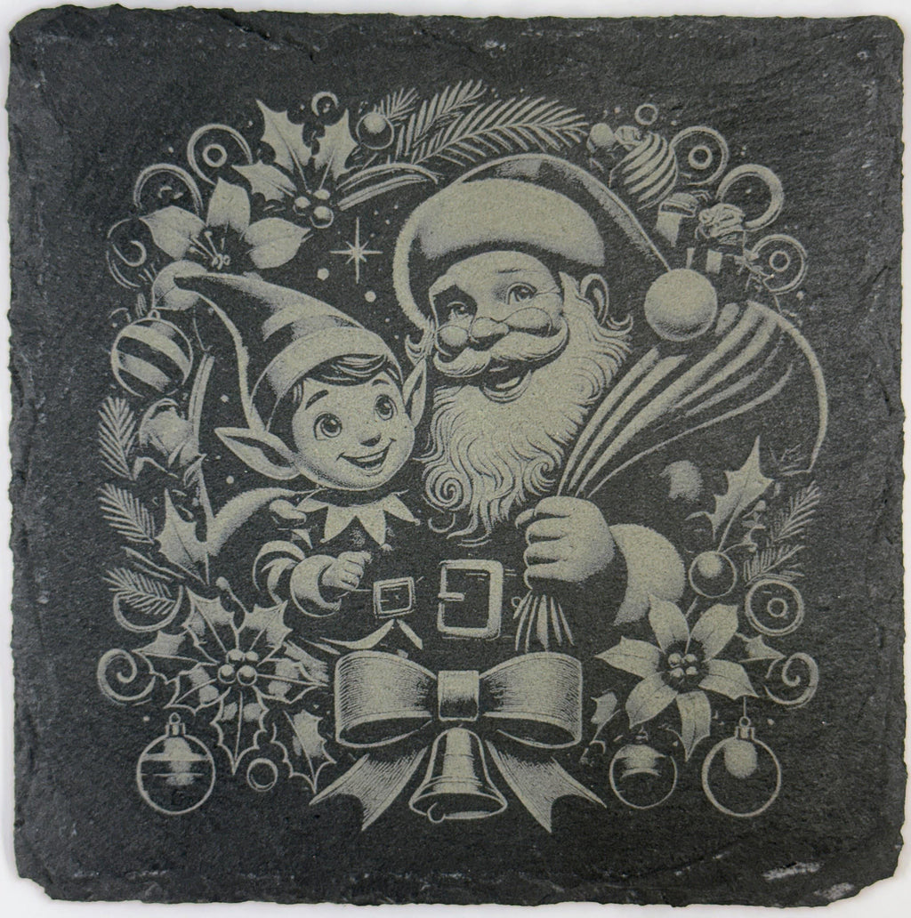 Santa and Elf Wreath Slate Coaster – Vintage Christmas Portrait Art