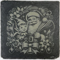 Santa and Elf Wreath Slate Coaster – Vintage Christmas Portrait Art