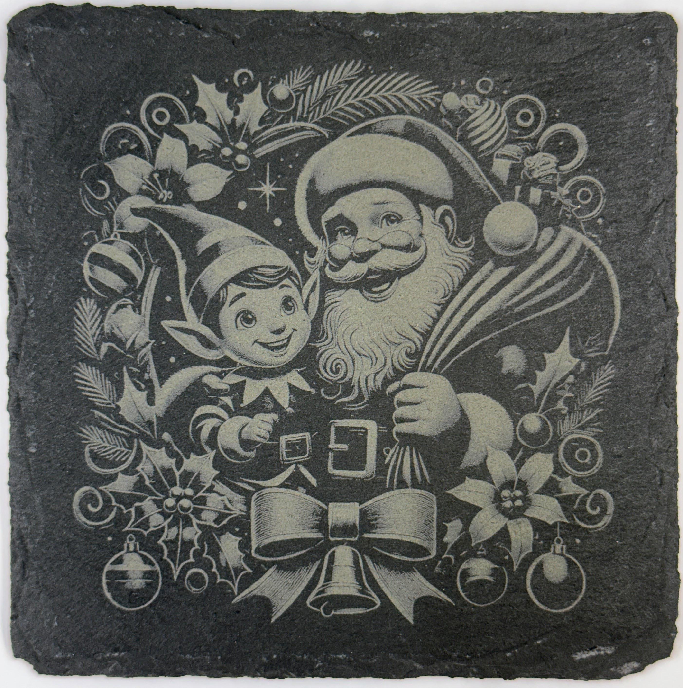 Santa and Elf Wreath Slate Coaster – Vintage Christmas Portrait Art
