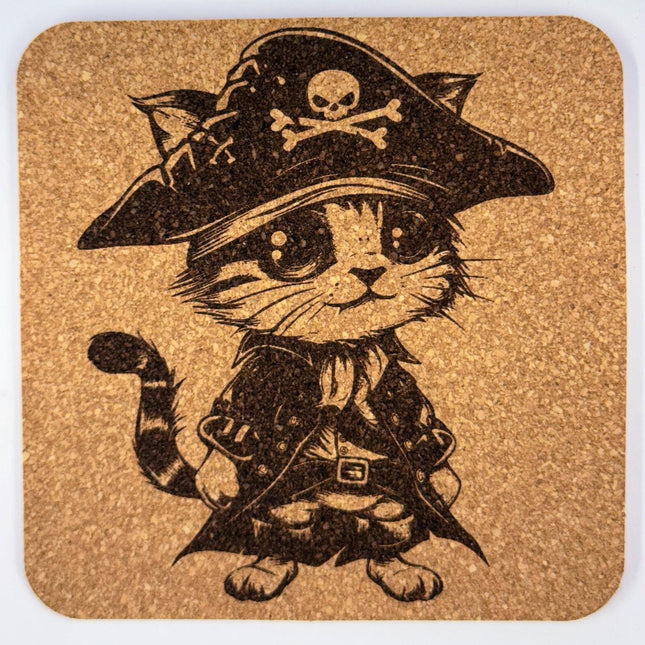 Pirate Cat Halloween – Engraved Cork Coaster