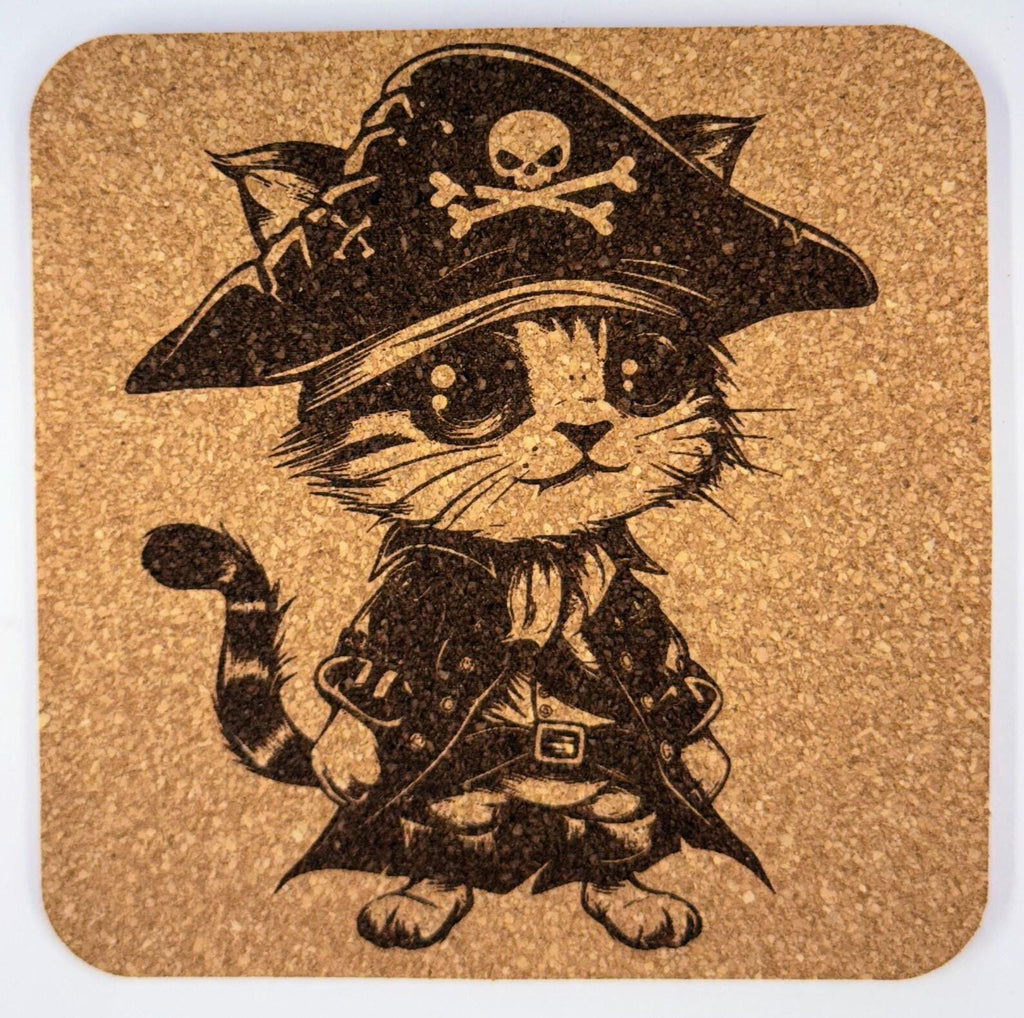 Pirate Cat Halloween – Engraved Cork Coaster