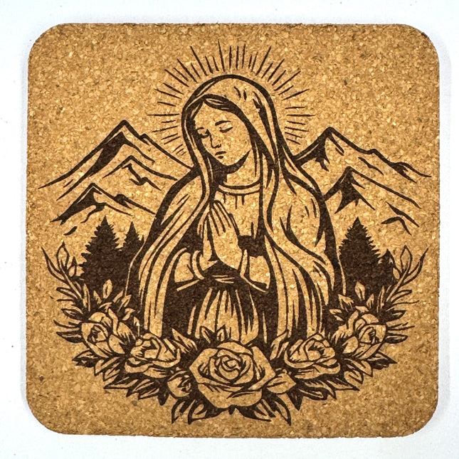 Praying Virgin Mary Coaster, Catholic Prayer Engraved Cork Coaster with Mountains