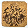 Praying Virgin Mary Coaster, Catholic Prayer Engraved Cork Coaster with Mountains