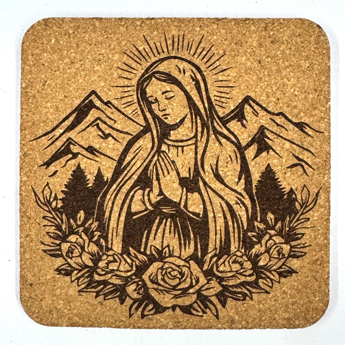 Praying Virgin Mary Coaster, Catholic Prayer Engraved Cork Coaster with Mountains
