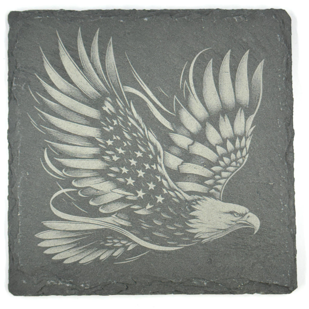 American Eagle in Flight Laser Engraved Slate Coaster – Patriotic Flag Design