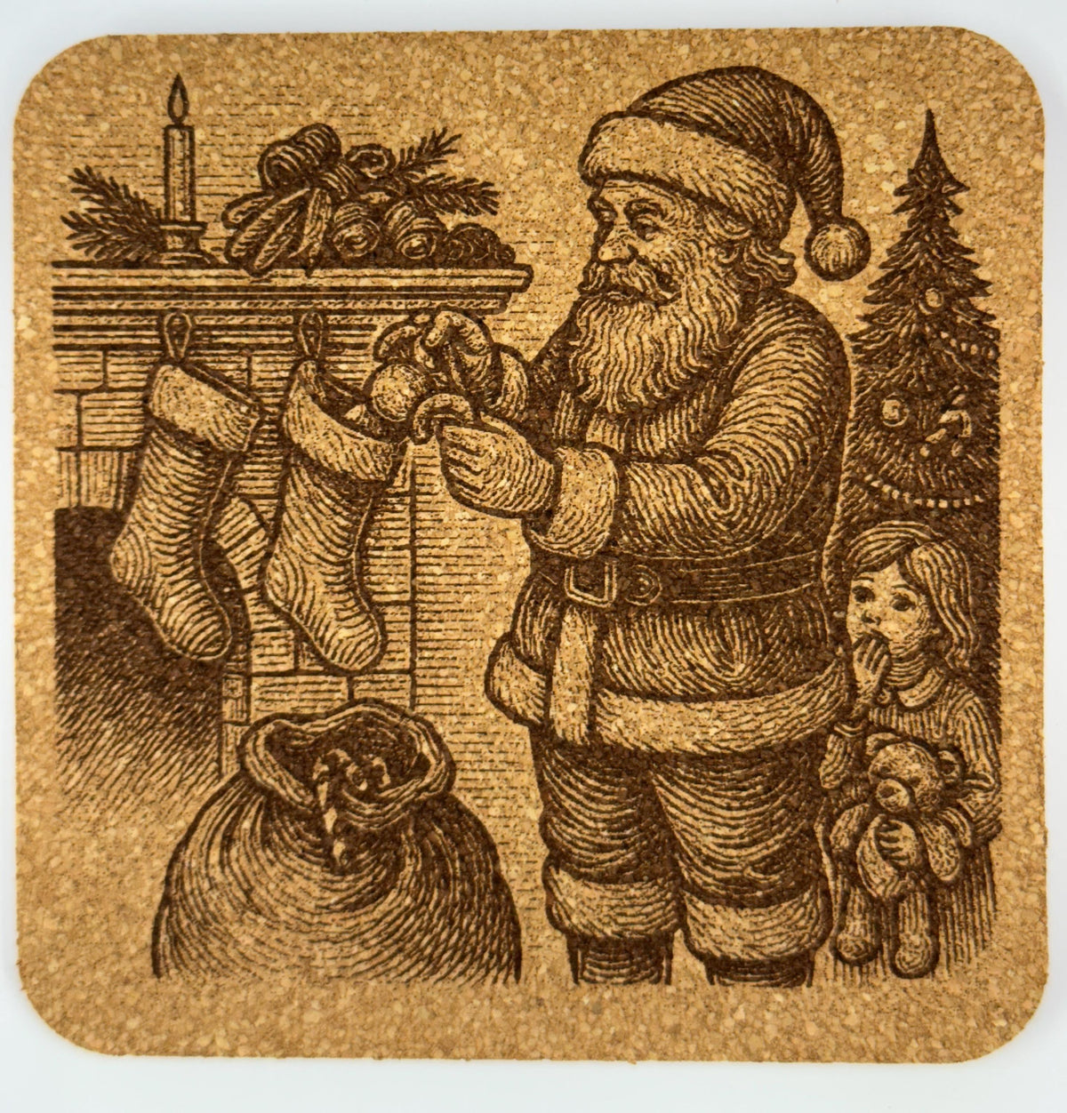 Santa Filling Stockings Cork Coaster – Vintage Christmas Fireplace Scene