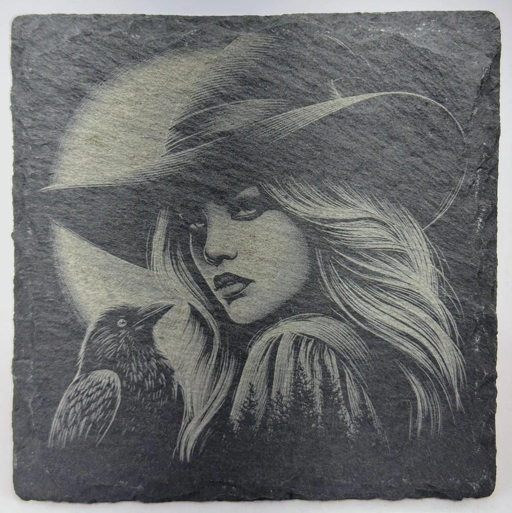 Witch and Raven Under the Moon – Laser Engraved Slate Coaster