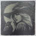 Witch and Raven Under the Moon – Laser Engraved Slate Coaster