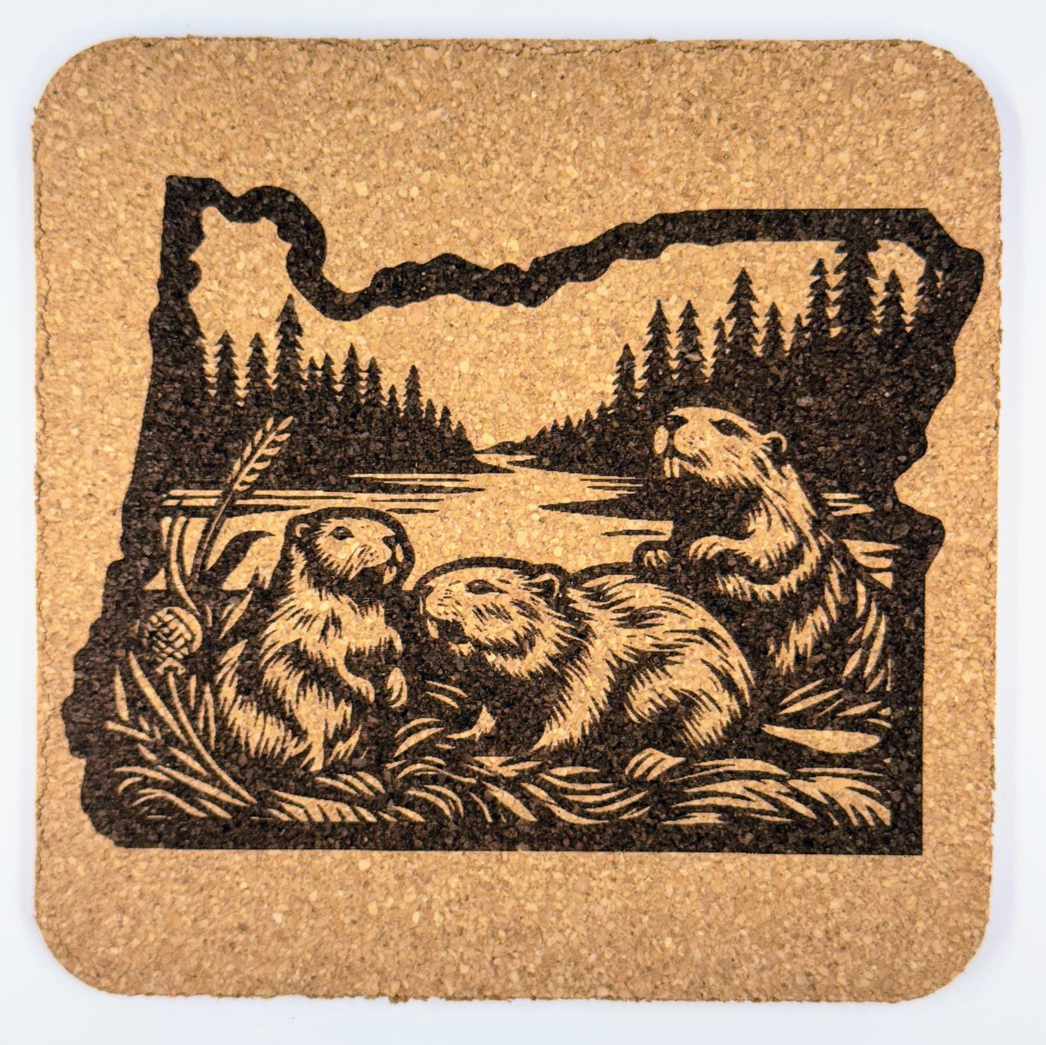 Oregon Beaver Coaster – Engraved Cork Drink Coaster with State Outline Wildlife Scene
