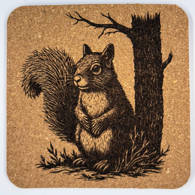 Shy Little Squirrel by the Tree – Engraved Cork Coaster