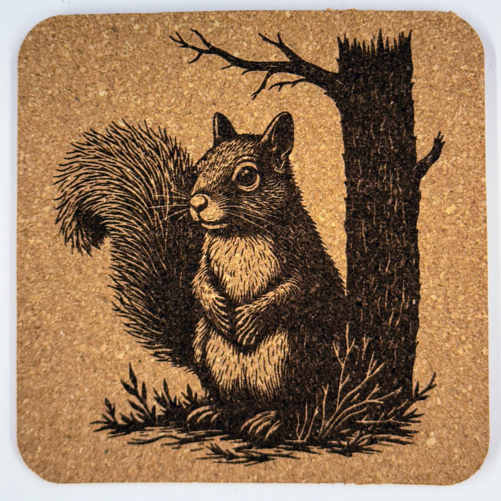 Shy Little Squirrel by the Tree – Engraved Cork Coaster