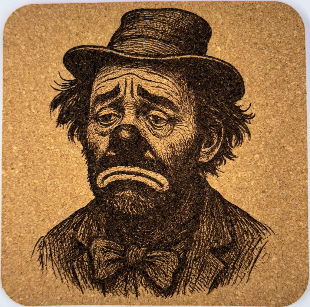 Bow-Tied Hobo Clown – Laser Engraved Cork Coaster