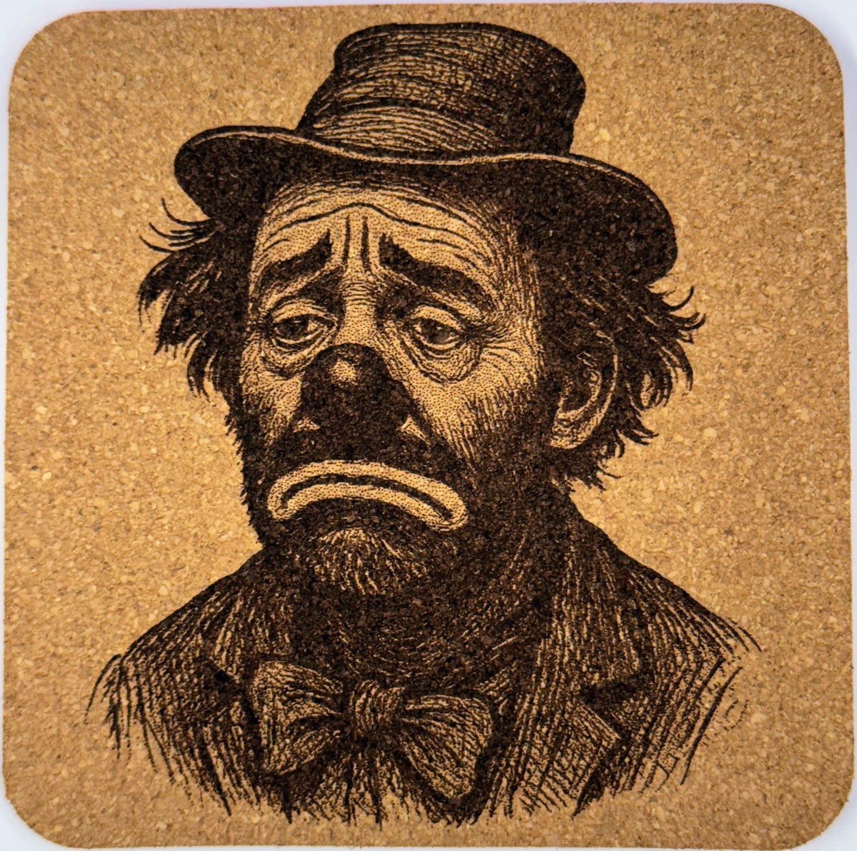 Bow-Tied Hobo Clown – Laser Engraved Cork Coaster
