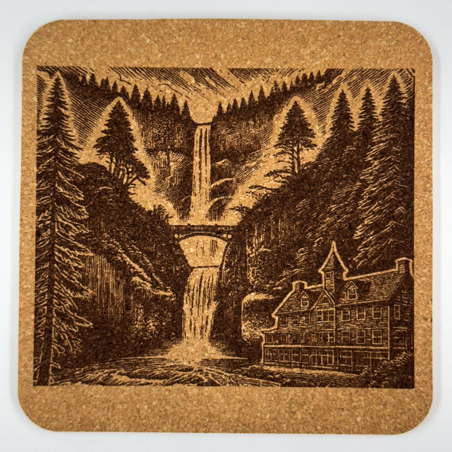 Multnomah Falls Coaster – Engraved Cork Drink Coaster with Oregon Waterfall Scene