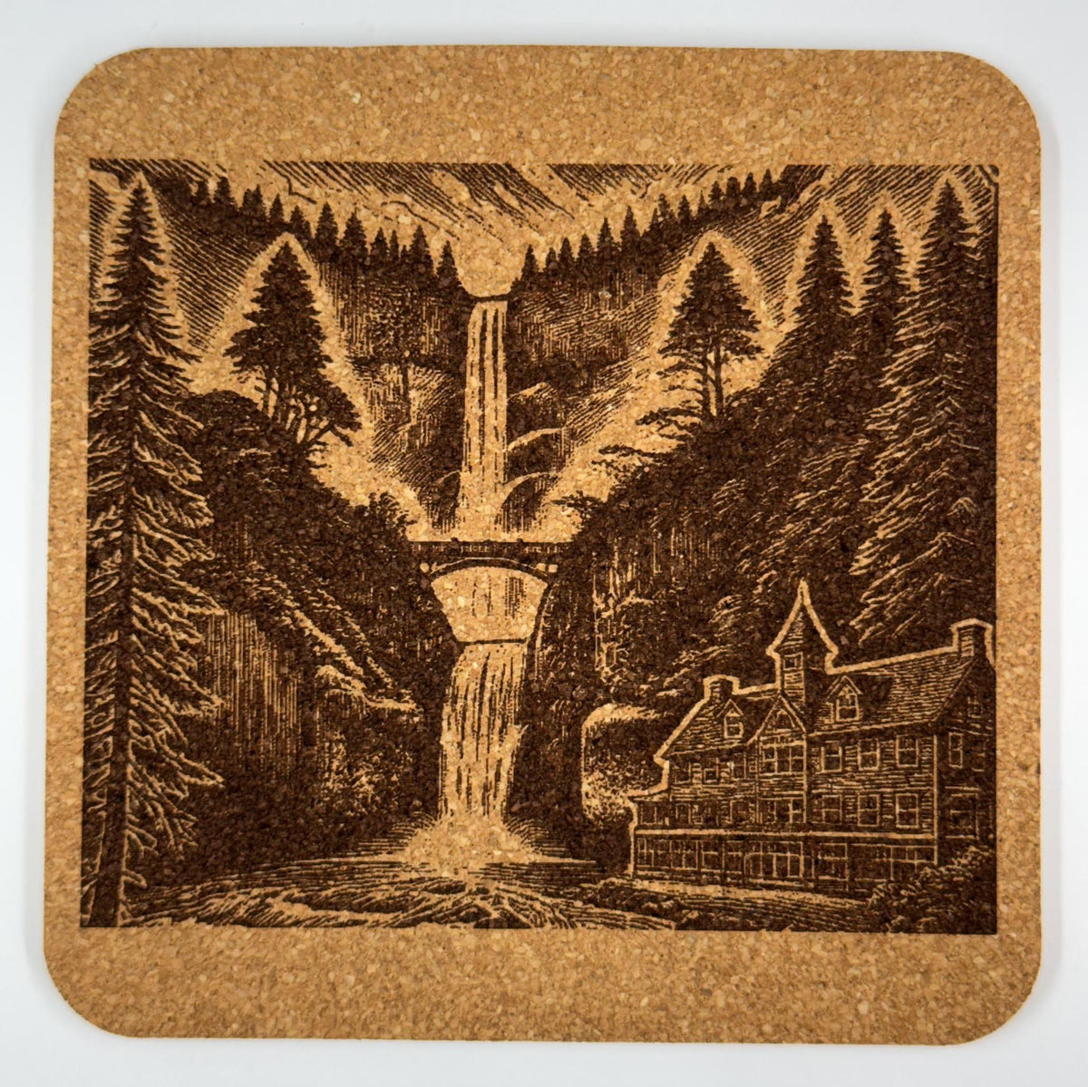 Multnomah Falls Coaster – Engraved Cork Drink Coaster with Oregon Waterfall Scene