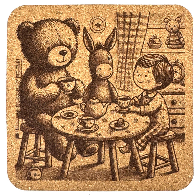 Bear Tea Party with Friends – Whimsical Cork Coaster