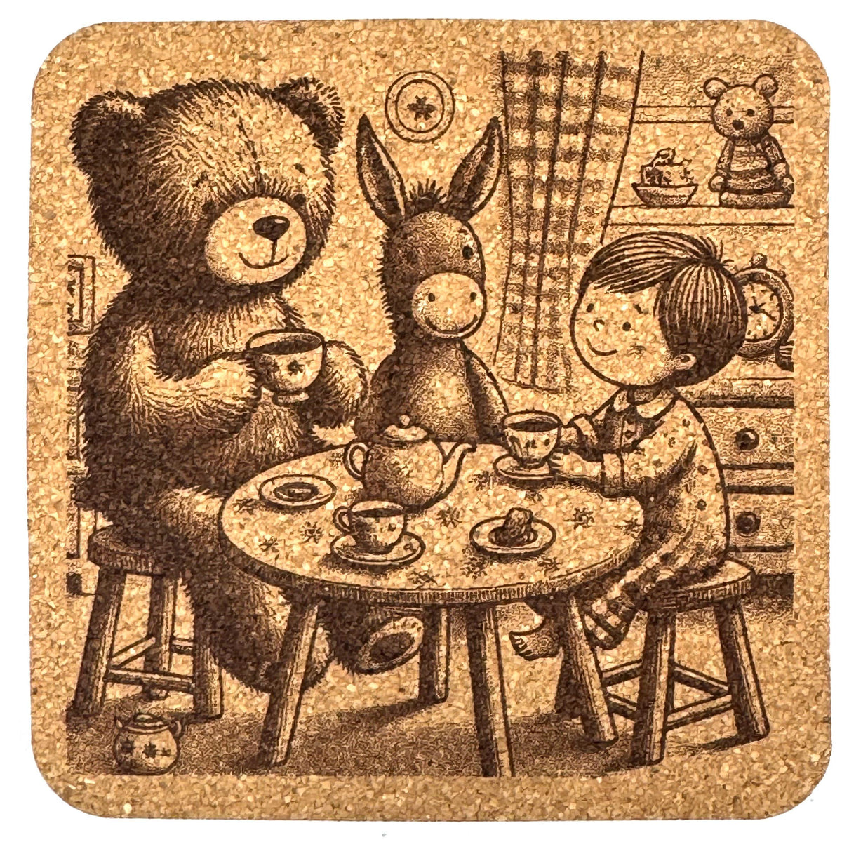 Bear Tea Party with Friends – Whimsical Cork Coaster